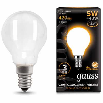Лампа Gauss 105201105 LED Filament Globe OPAL E14 5W 2700K