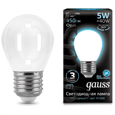 Лампа Gauss 105202205 LED Filament Globe OPAL E27 5W 4100K