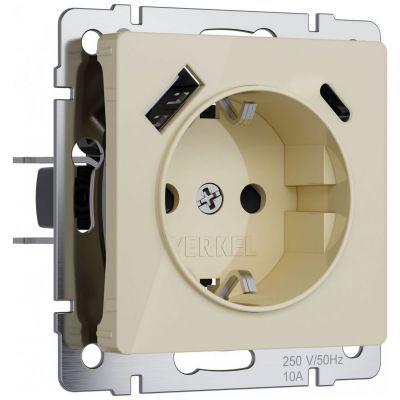 Розетка с заземлением, шторками и USB тип A+C (айвори акрил) W1171743 Werkel