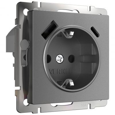 Розетка с заземлением, шторками и USB тип A+C (графит матовый) Werkel W1171764