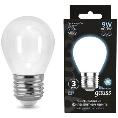 Лампа светодиодная филаментная Gauss E27 9W 4100К матовая 105202209