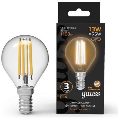 Лампа светодиодная филаментная Gauss E14 13W 2700K прозрачная 105801113