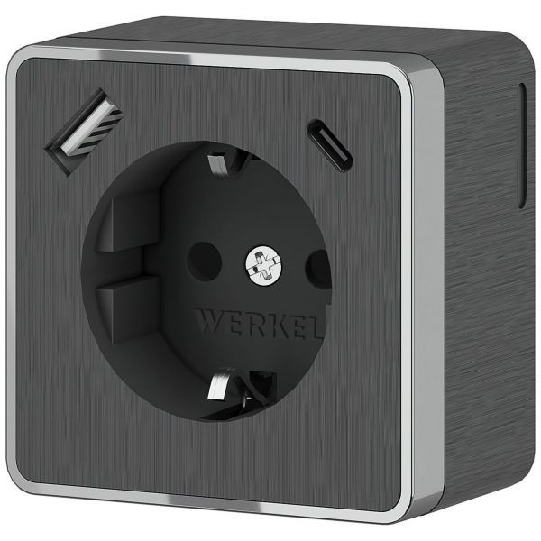 Розетка с заземлением, шторками и USB тип A+C Gallant (графит рифленый) Werkel W5071704