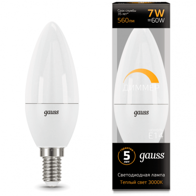 Лампа Gauss 103101107-D LED Candle-dim E14 7W 3000К диммируемая