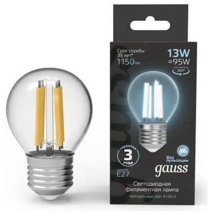 Лампа светодиодная филаментная Gauss E27 13W 4100K прозрачная 105802213