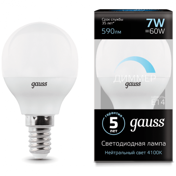 Лампа Gauss 105101207-D LED Globe-dim E14 7W 4100К диммируемая