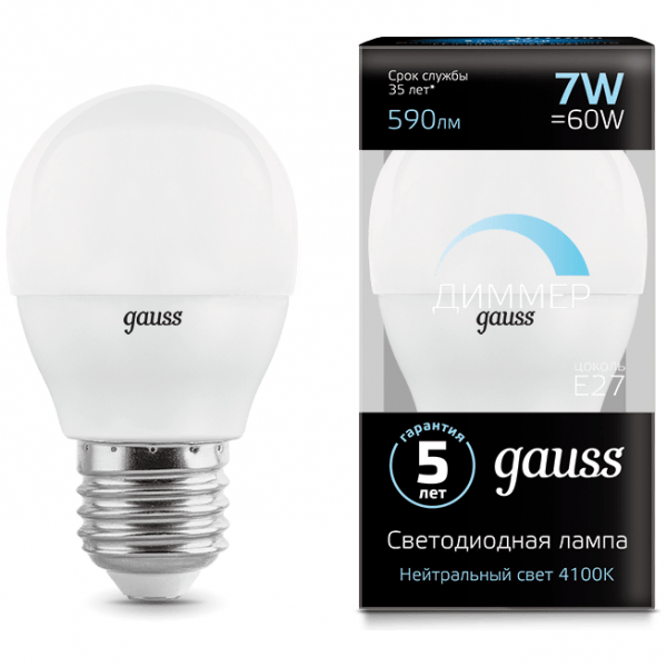 Лампа Gauss 105102207-D LED Globe-dim E27 7W 4100К диммируемая