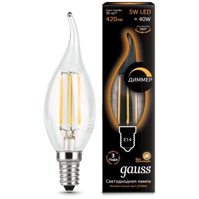 Лампа Gauss 104801105-D LED Filament Candle tailed dimmable E14 5W 2700K