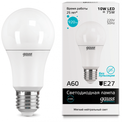 Лампа Gauss 23220 LED Elementary A60 10W E27 4100K
