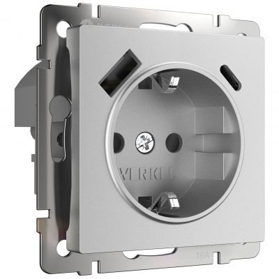Розетка с заземлением, шторками и USB тип A+C (серебряный матовый) Werkel W1171765