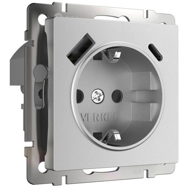 Розетка с заземлением, шторками и USB тип A+C (серебряный матовый) Werkel W1171765