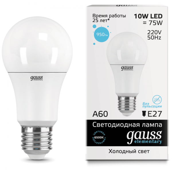 Лампа Gauss 23230 LED Elementary A60 10W E27 6500K