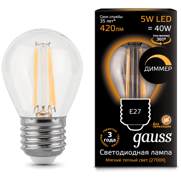 Лампа Gauss 105802105-D LED Filament Globe dimmable E27 5W 2700K