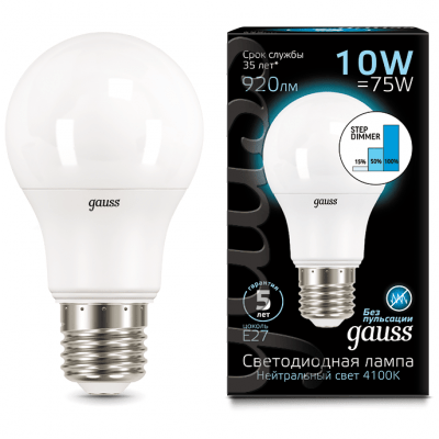Лампа Gauss 102502210-S LED A60 10W E27 4100K step dimmable