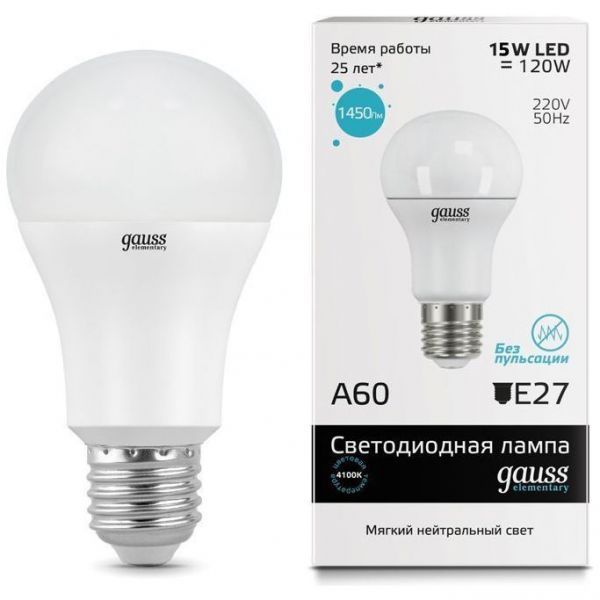 Лампа Gauss 23225 LED Elementary A60 15W E27 4100K