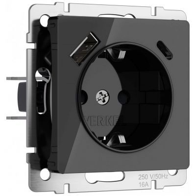 Розетка с заземлением, шторками и USB тип A+C (черный акрил) W1171748 Werkel