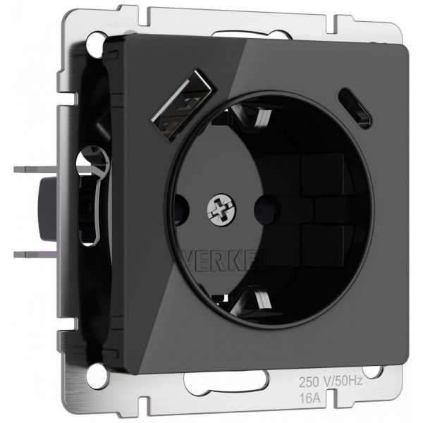 Розетка с заземлением, шторками и USB тип A+C (черный акрил) W1171748 Werkel
