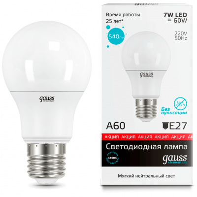 Лампа Gauss 23227A LED Elementary A60 7W E27 4100K