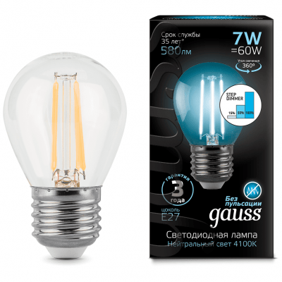 Лампа Gauss 105802207-S LED Filament Globe E27 7W 4100K step dimmable
