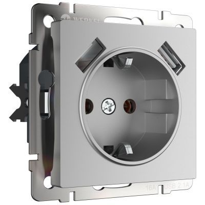Розетка с з/к со шторками + USB Werkel W1171506 серебро (WL06-SKGS-USBx2-IP20)