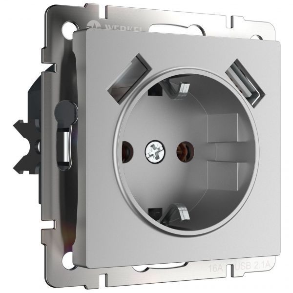 Розетка с з/к со шторками + USB Werkel W1171506 серебро (WL06-SKGS-USBx2-IP20)