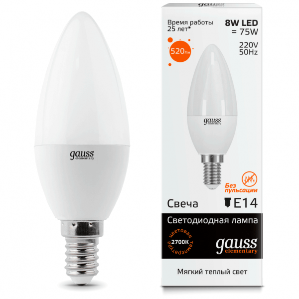 Лампа Gauss 33118 LED Elementary Candle 8W E14 3000K