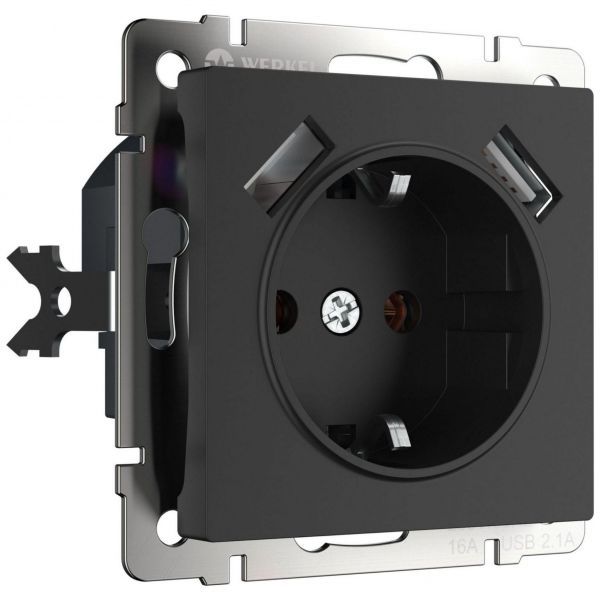 Розетка с з/к со шторками + USB Werkel W1171508 черный матовый (WL08-SKGS-USBx2-IP20)