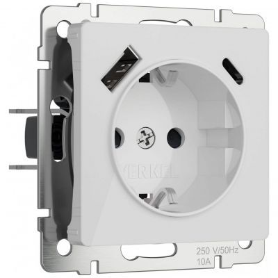 Розетка с заземлением, шторками и USB тип A+C (белый акрил) W1171741 Werkel