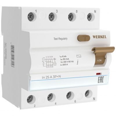Устройство защитного отключения 3P+N 25 A 30 mА АС 6 kА Werkel W914P256