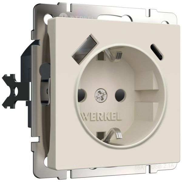Розетка с заземлением, шторками и USB тип A+C (айвори матовый) W1171762 Werkel