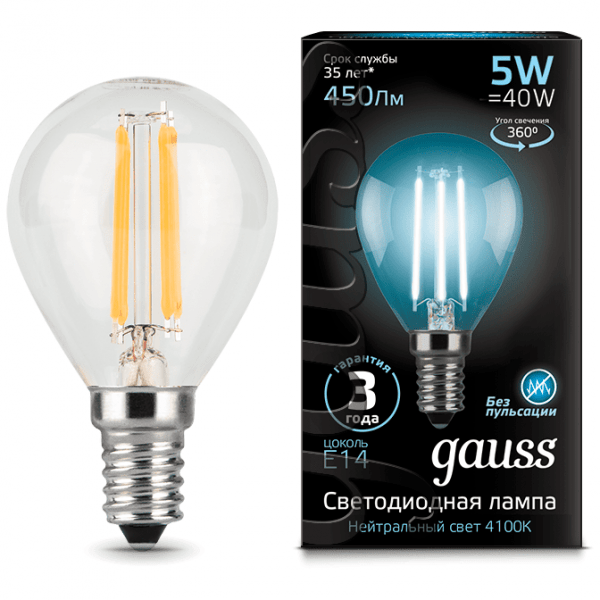 Лампа Gauss 105801205 LED Filament Globe E14 5W 4100K