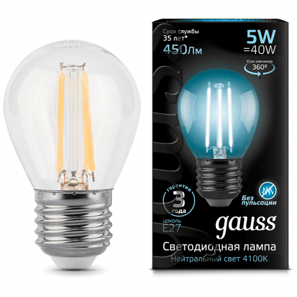 Лампа Gauss 105802205 LED Filament Globe E27 5W 4100K