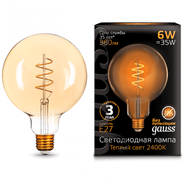 Лампа Gauss 158802008 LED Filament G120 Flexible E27 6W Golden 2400К