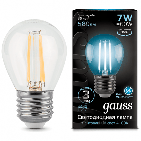 Лампа Gauss 105802207 LED Filament Globe E27 7W 4100K