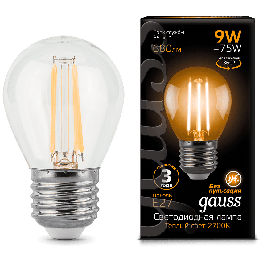 Лампа Gauss 105802109 LED Filament Globe E27 9W 2700K
