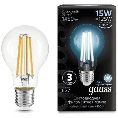 Лампа светодиодная филаментная Gauss E27 15W 4100K прозрачная 102902215
